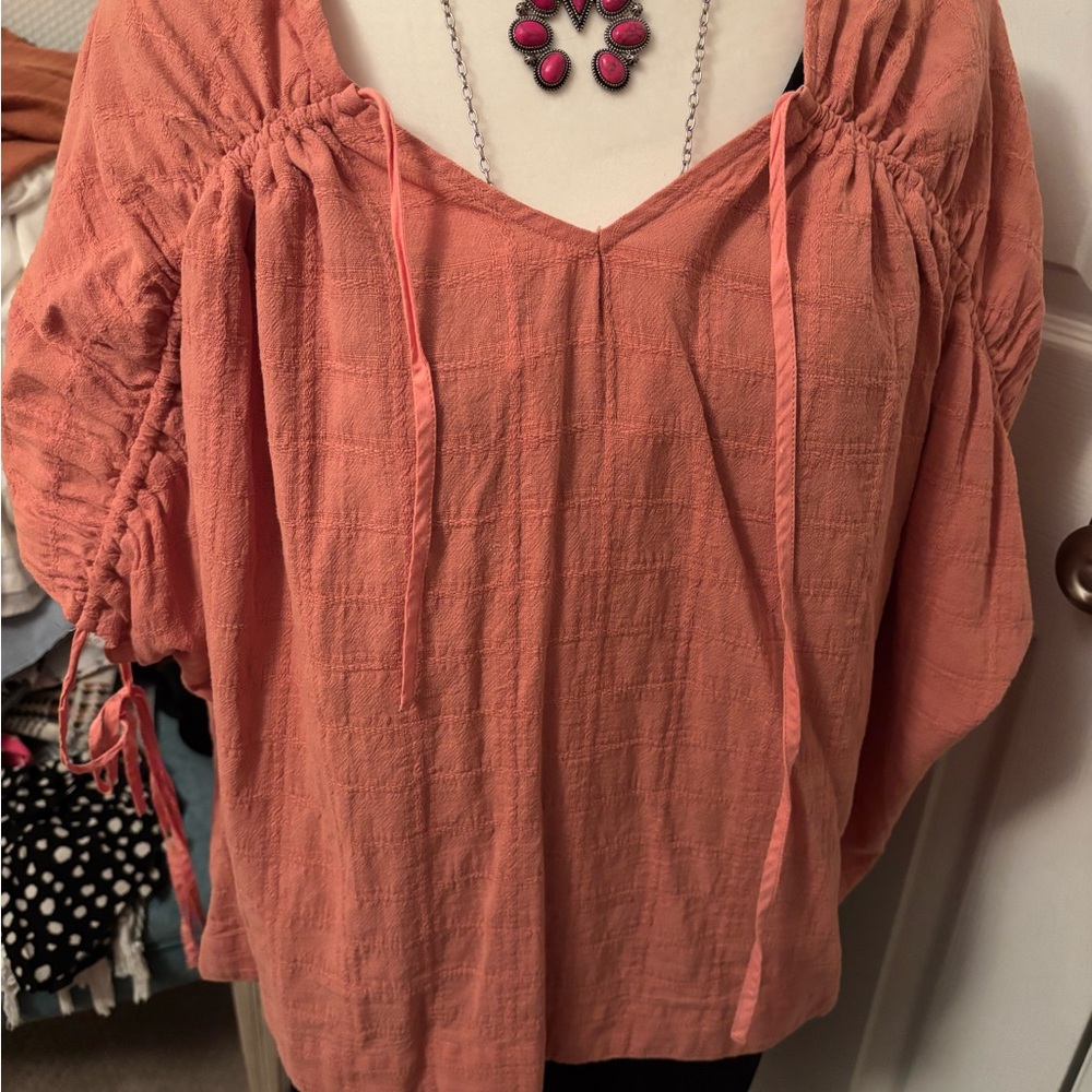 easel Coral Peasant Tunic with Drawstring Detail